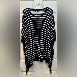 Talbots Linen Blend Fringe Trimmed Poncho Sz L Oversized Nautical Beachy Resort